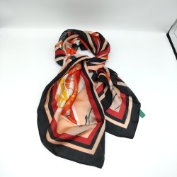 Red and black trimmed imitation silk print plaid large square scarf