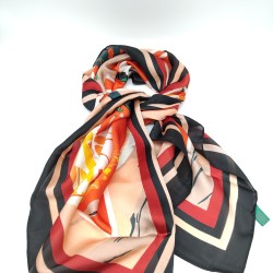 Red and black trimmed imitation silk print plaid large square scarf